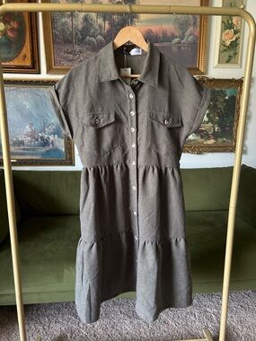 NWT Piper & Scoot Corduroy Olive Button-Front Tiered Shirt Dress